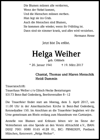Anzeige von Helga Weiher von Kölner Stadt-Anzeiger / Kölnische Rundschau / Express