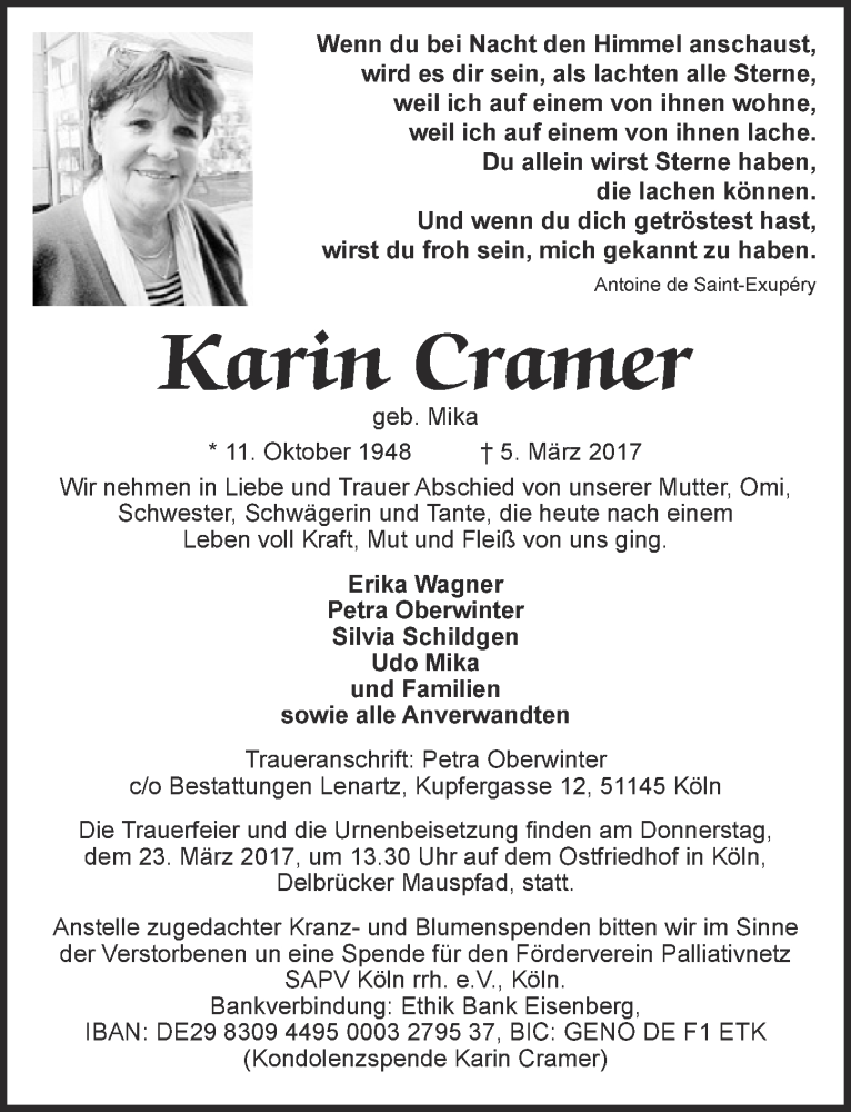  Traueranzeige für Karin Cramer vom 15.03.2017 aus  Kölner Wochenspiegel 
