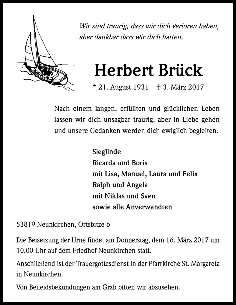  Traueranzeige für Herbert Brück vom 11.03.2017 aus Kölner Stadt-Anzeiger / Kölnische Rundschau / Express