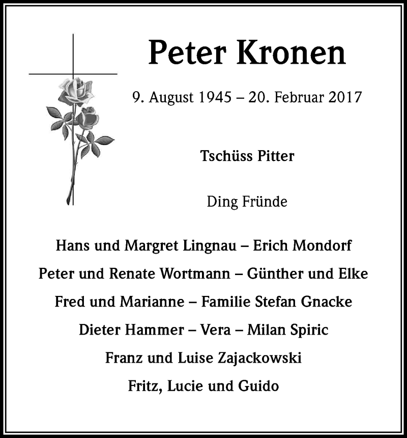  Traueranzeige für Peter Kronen vom 11.03.2017 aus Kölner Stadt-Anzeiger / Kölnische Rundschau / Express