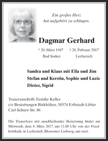 Anzeige von Dagmar Gerhard von  Sonntags-Post 