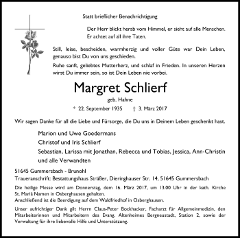 Anzeige von Margret Schlierf von Kölner Stadt-Anzeiger / Kölnische Rundschau / Express