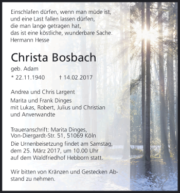 Anzeige von Christa Bosbach von Kölner Stadt-Anzeiger / Kölnische Rundschau / Express