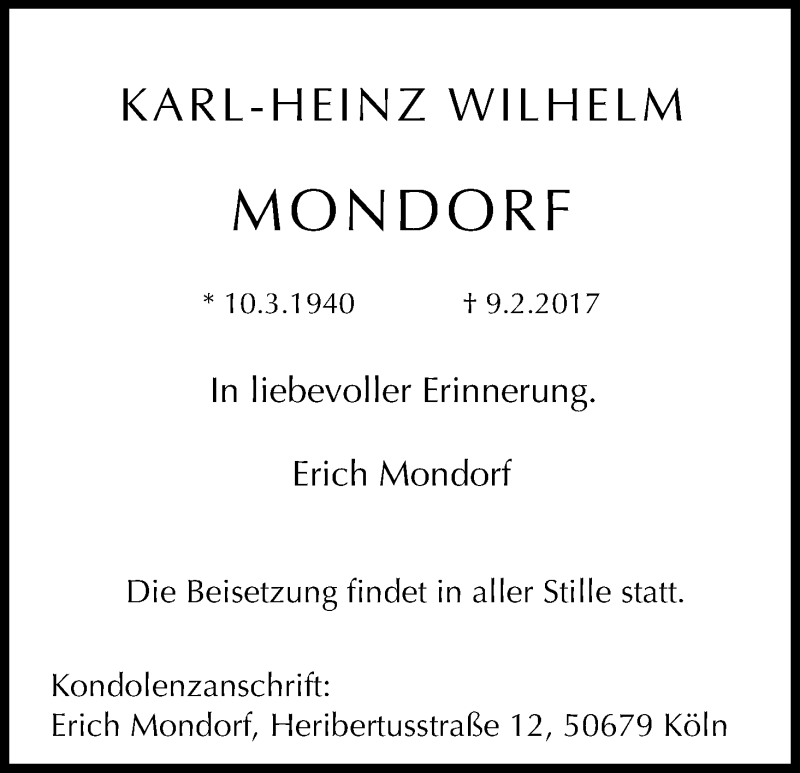  Traueranzeige für Karl-Heinz Wilhelm Mondorf vom 11.03.2017 aus Kölner Stadt-Anzeiger / Kölnische Rundschau / Express
