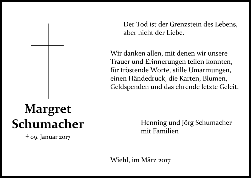  Traueranzeige für Margret Schumacher vom 18.03.2017 aus Kölner Stadt-Anzeiger / Kölnische Rundschau / Express