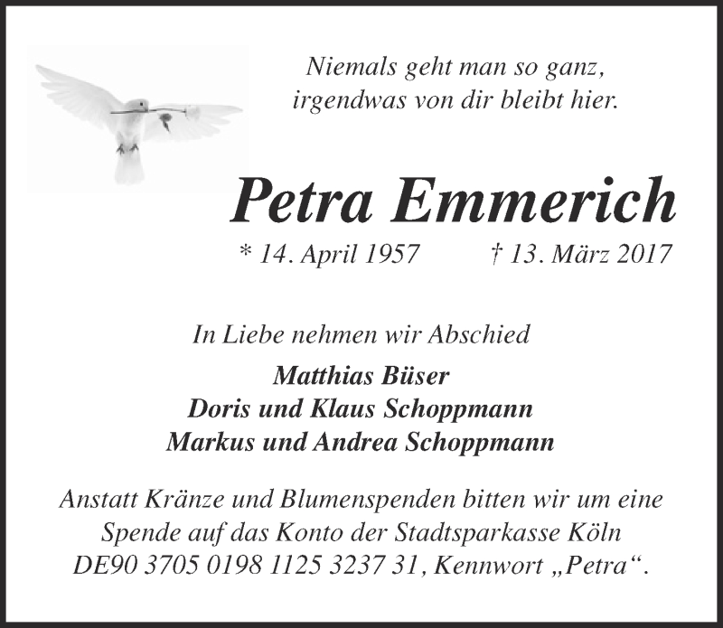  Traueranzeige für Petra Emmerich vom 22.03.2017 aus  Kölner Wochenspiegel 