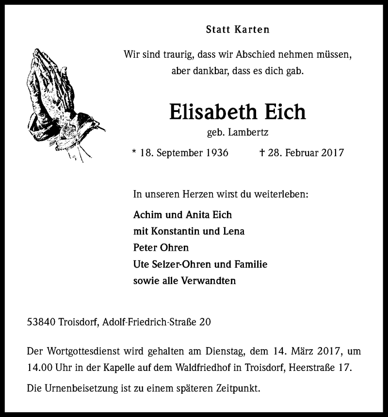  Traueranzeige für Elisabeth Eich vom 11.03.2017 aus Kölner Stadt-Anzeiger / Kölnische Rundschau / Express