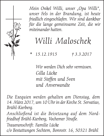 Anzeige von Willi Maloschek von  Schlossbote/Werbekurier 