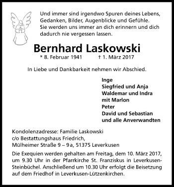 Anzeige von Bernhard Laskowski von Kölner Stadt-Anzeiger / Kölnische Rundschau / Express