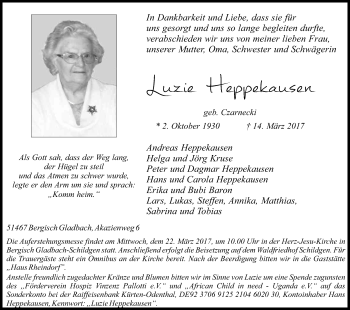 Anzeige von Luzie Heppekausen von Kölner Stadt-Anzeiger / Kölnische Rundschau / Express