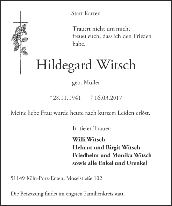Anzeige von Hildegard Witsch von  Kölner Wochenspiegel 