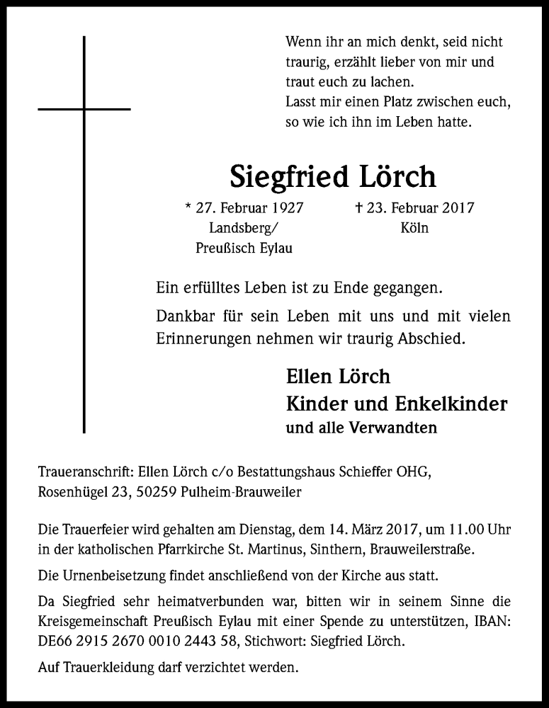  Traueranzeige für Siegfried Lörch vom 04.03.2017 aus Kölner Stadt-Anzeiger / Kölnische Rundschau / Express