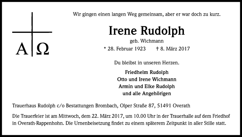  Traueranzeige für Irene Rudolph vom 15.03.2017 aus Kölner Stadt-Anzeiger / Kölnische Rundschau / Express