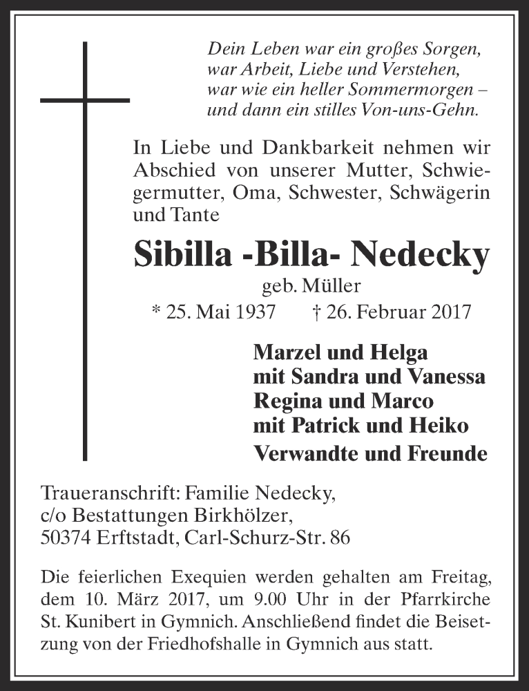  Traueranzeige für Sibilla Nedecky vom 08.03.2017 aus  Werbepost 