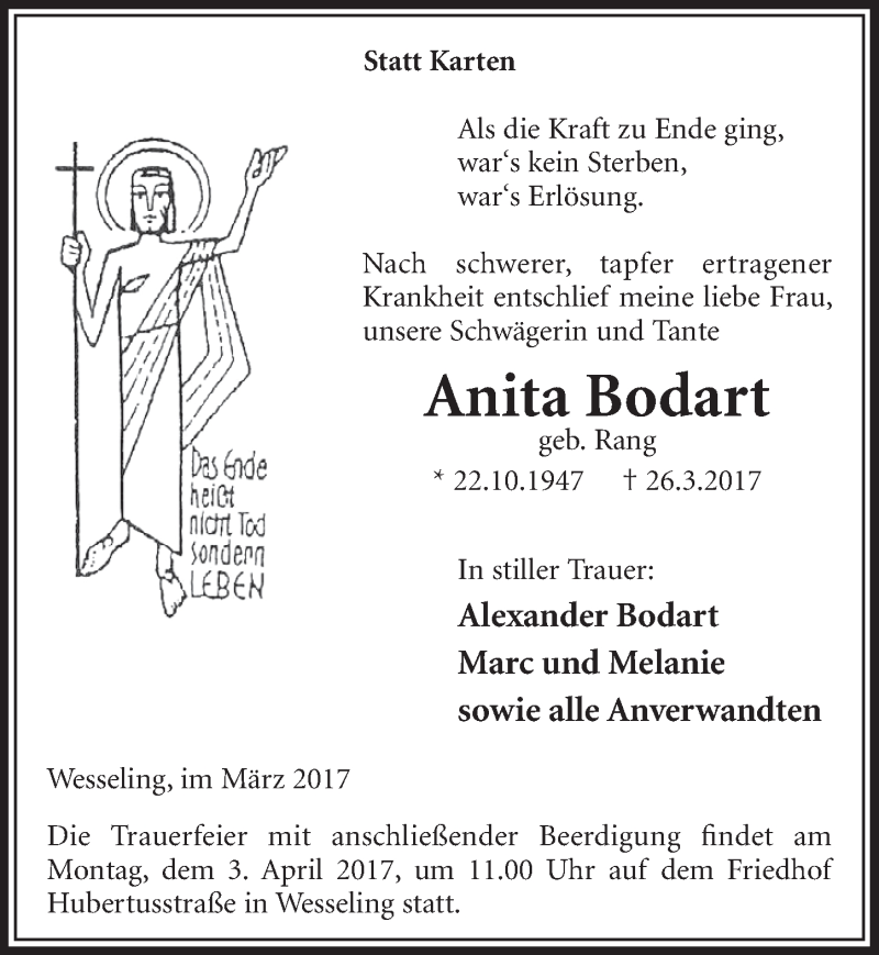  Traueranzeige für Anita Bodart vom 29.03.2017 aus  Schlossbote/Werbekurier 