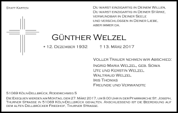 Anzeige von Günther Welzel von Kölner Stadt-Anzeiger / Kölnische Rundschau / Express