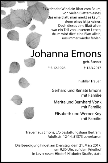 Anzeige von Johanna Emons von Kölner Stadt-Anzeiger / Kölnische Rundschau / Express
