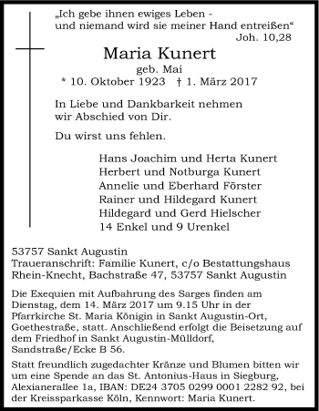 Anzeige von Maria Kunert von Kölner Stadt-Anzeiger / Kölnische Rundschau / Express