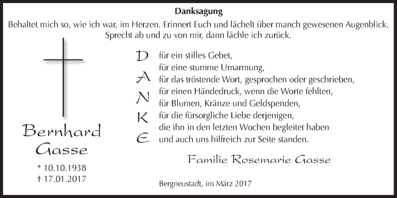  Traueranzeige für Bernhard Gasse vom 15.03.2017 aus  Anzeigen Echo 