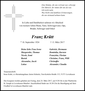 Anzeige von Franz Krütt von Kölner Stadt-Anzeiger / Kölnische Rundschau / Express
