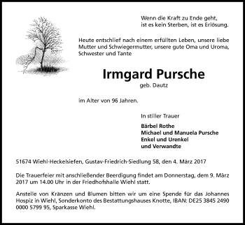 Anzeige von Irmgard Pursche von Kölner Stadt-Anzeiger / Kölnische Rundschau / Express