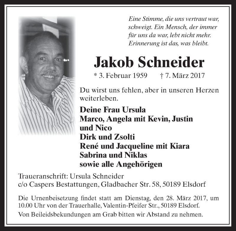  Traueranzeige für Jakob Schneider vom 22.03.2017 aus  Werbepost 