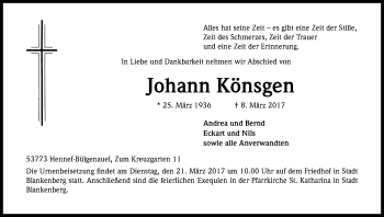 Anzeige von Johann Könsgen von Kölner Stadt-Anzeiger / Kölnische Rundschau / Express
