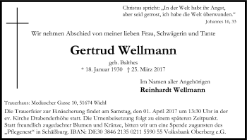 Anzeige von Gertrud Wellmann von Kölner Stadt-Anzeiger / Kölnische Rundschau / Express
