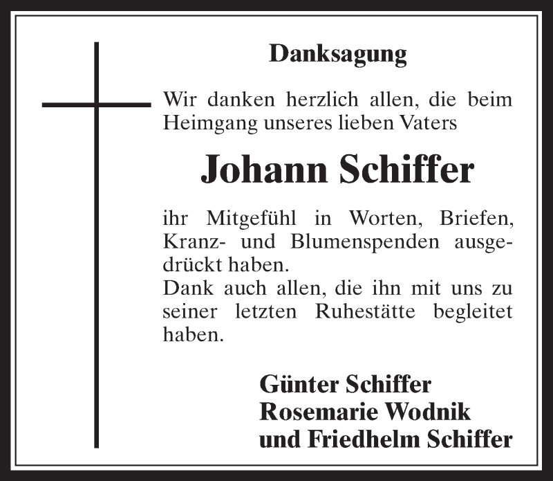  Traueranzeige für Johann Schiffer vom 08.03.2017 aus  Wochenende 