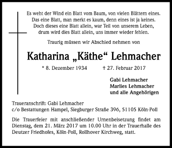Anzeige von Katharina  Lehmacher von Kölner Stadt-Anzeiger / Kölnische Rundschau / Express