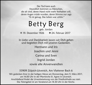 Anzeige von Betty Berg von  Blickpunkt Euskirchen 
