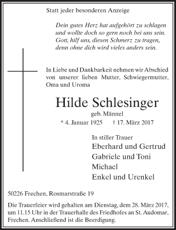 Anzeige von Hilde Schlesinger von  Sonntags-Post 
