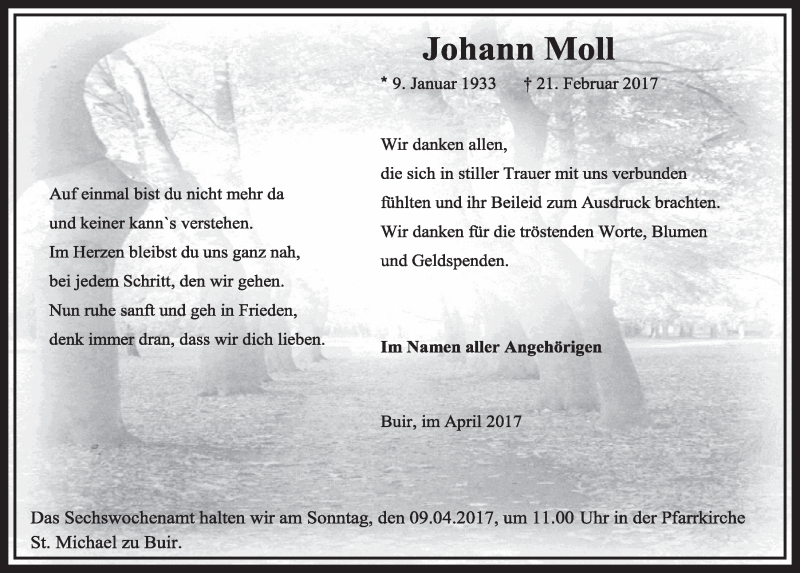  Traueranzeige für Johann Moll vom 01.04.2017 aus  Sonntags-Post 
