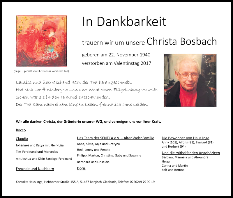  Traueranzeige für Christa Bosbach vom 18.03.2017 aus Kölner Stadt-Anzeiger / Kölnische Rundschau / Express