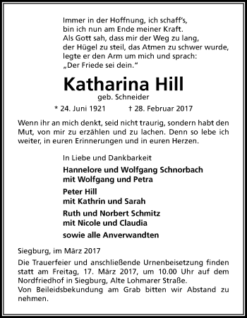 Anzeige von Katharina Hill von Kölner Stadt-Anzeiger / Kölnische Rundschau / Express