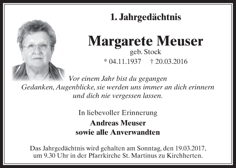  Traueranzeige für Margarete Meuser vom 15.03.2017 aus  Werbepost 