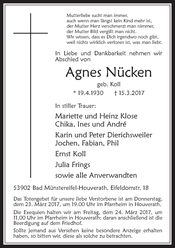  Traueranzeige für Agnes Nücken vom 18.03.2017 aus  Blickpunkt Euskirchen 