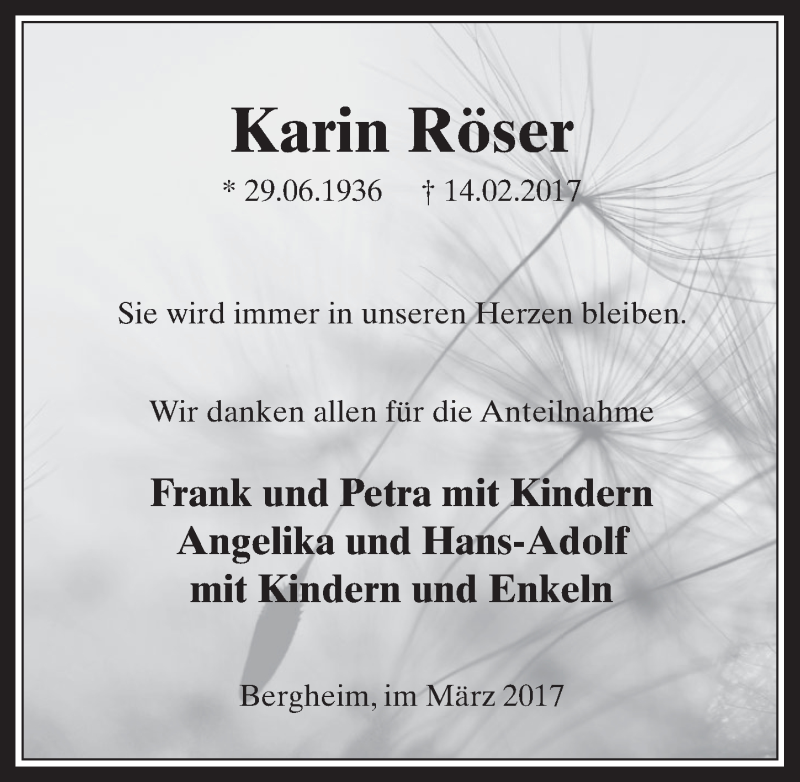  Traueranzeige für Karin Röser vom 18.03.2017 aus  Sonntags-Post 