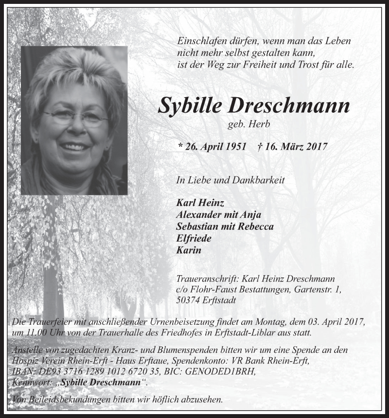  Traueranzeige für Sybille Dreschmann vom 29.03.2017 aus  Werbepost 