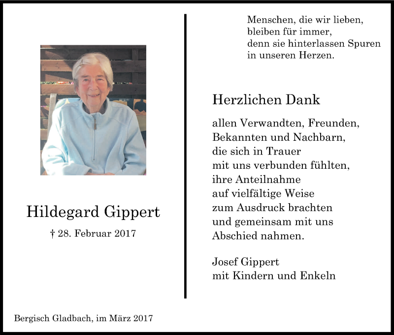  Traueranzeige für Hildegard Gippert vom 18.03.2017 aus Kölner Stadt-Anzeiger / Kölnische Rundschau / Express
