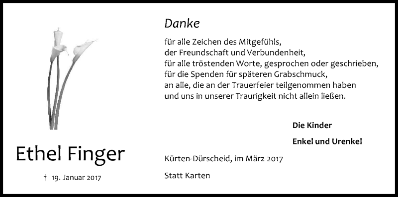  Traueranzeige für Ethel Finger vom 04.03.2017 aus Kölner Stadt-Anzeiger / Kölnische Rundschau / Express