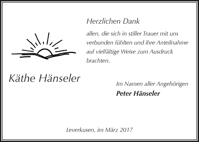  Traueranzeige für Käthe Hänseler vom 15.03.2017 aus  Lokale Informationen 