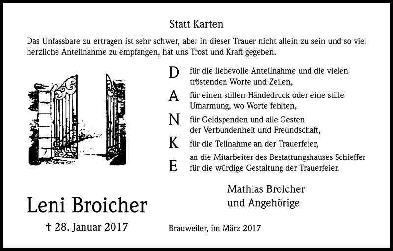  Traueranzeige für Leni Broicher vom 04.03.2017 aus Kölner Stadt-Anzeiger / Kölnische Rundschau / Express