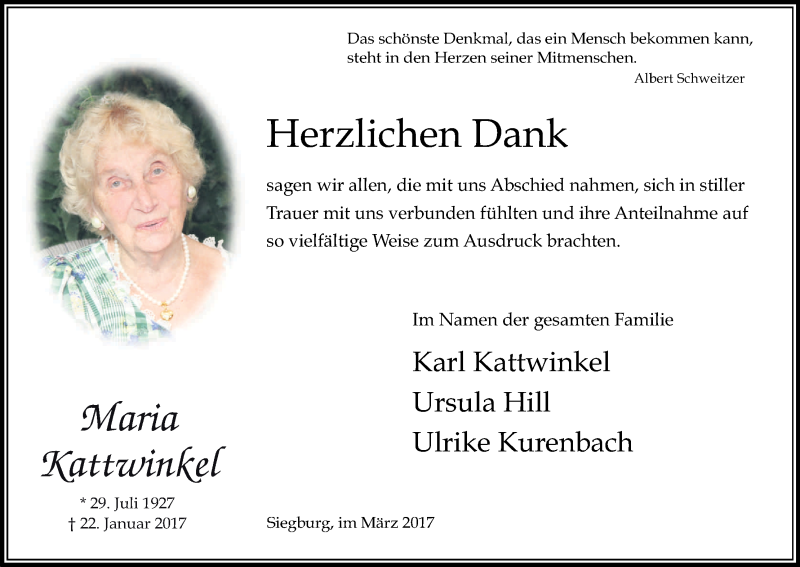  Traueranzeige für Maria Kattwinkel vom 11.03.2017 aus Kölner Stadt-Anzeiger / Kölnische Rundschau / Express