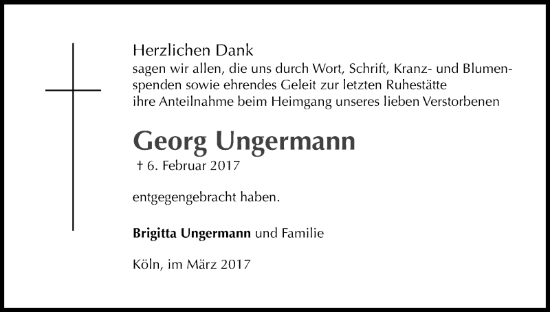  Traueranzeige für Georg Ungermann vom 18.03.2017 aus Kölner Stadt-Anzeiger / Kölnische Rundschau / Express