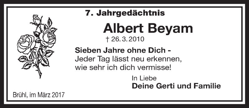  Traueranzeige für Albert Beyam vom 22.03.2017 aus  Schlossbote/Werbekurier 
