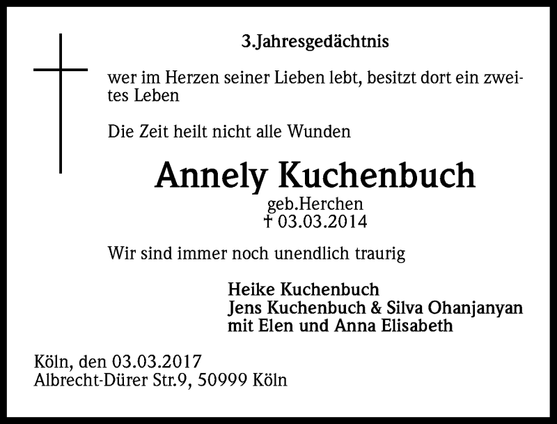  Traueranzeige für Annely Kuchenbuch vom 03.03.2017 aus Kölner Stadt-Anzeiger / Kölnische Rundschau / Express