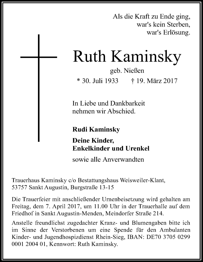  Traueranzeige für Ruth Kaminsky vom 25.03.2017 aus Kölner Stadt-Anzeiger / Kölnische Rundschau / Express