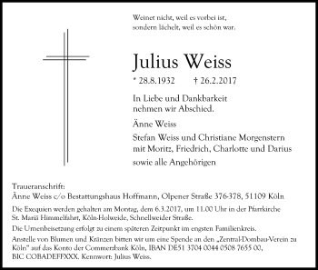 Anzeige von Julius Weiss von Kölner Stadt-Anzeiger / Kölnische Rundschau / Express