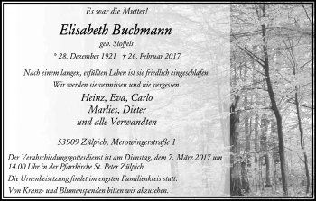 Anzeige von Elisabeth Buchmann von Kölner Stadt-Anzeiger / Kölnische Rundschau / Express